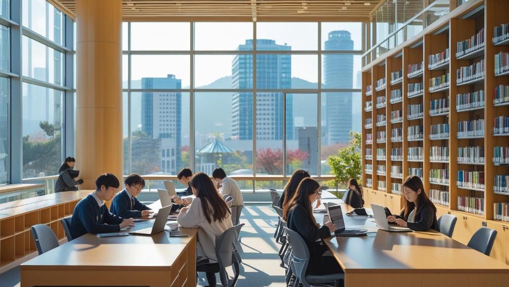 Researchers and students in Seoul library studying genetics resources on modern laptops.