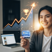 A smiling person is holding a credit card that has a "buy followers" button on it. Behind them, a digital graph shows a sharply rising line, indicating rapid growth, and a trophy icon is displayed, symbolizing success. 