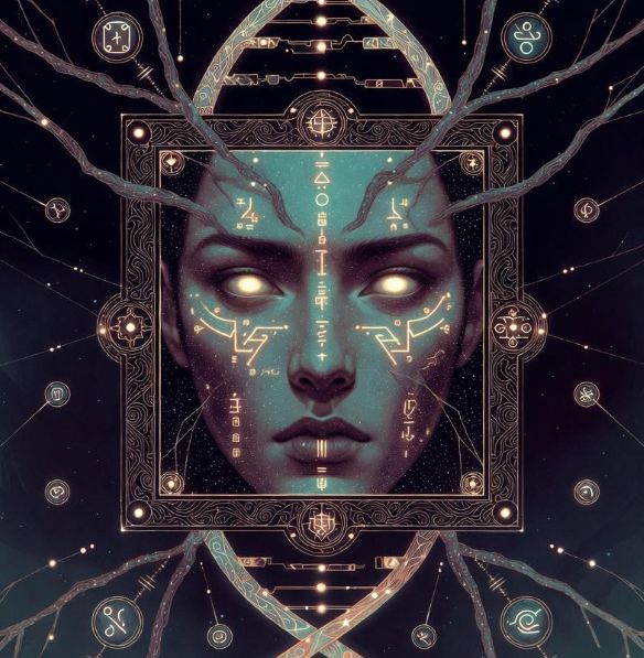 fantasy character screen with glowing gear paths branching like genes